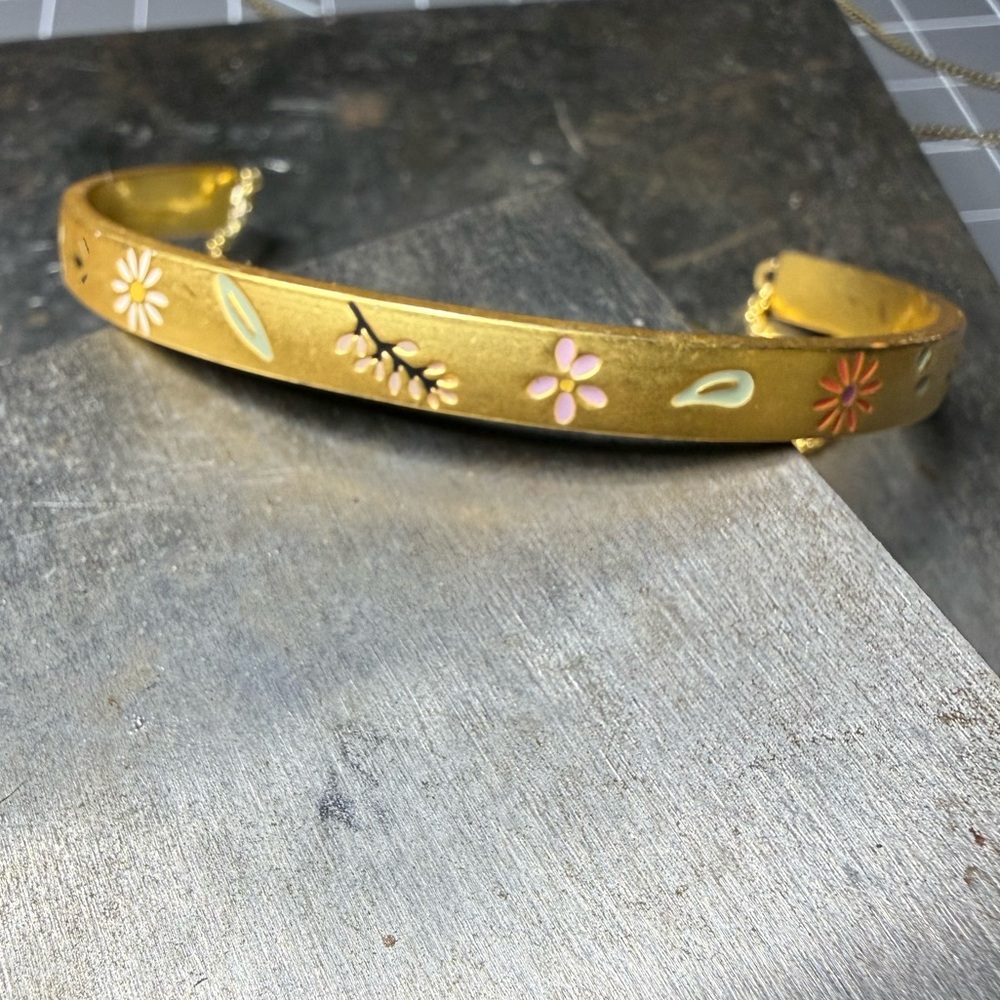 Anthropologie Gold Floral Enamel Cuff Bracelet
